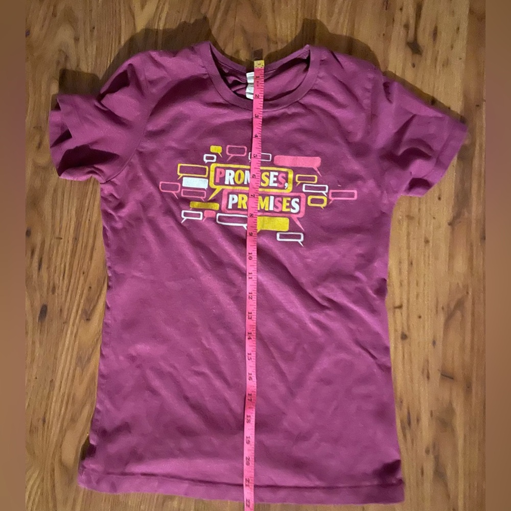 raspberry short-sleeved graphic t-shirt  "PROMISES, PROMISES" & text bubbles S